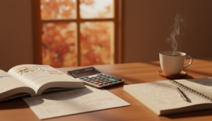 3級FP技能士の勉強風景：FPテキスト、電卓、ノート、コーヒーのある机